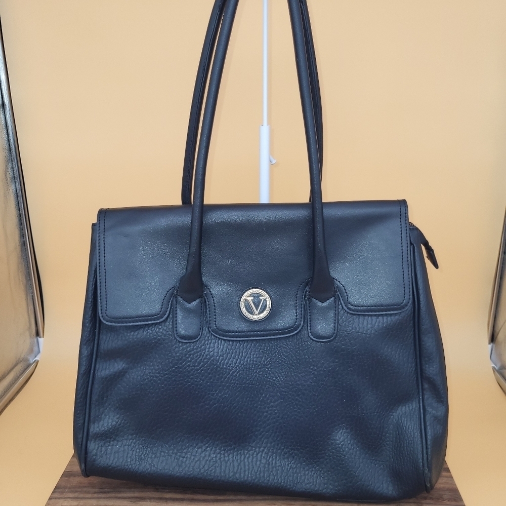 CLEARANCE! Vera New York Large Black Leather Tote w/Side Snap & Sig Logo Lining